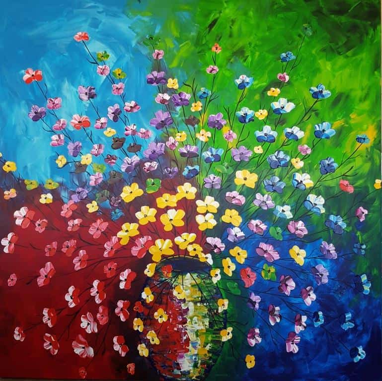 ציור מהפנט שמח וצבעוני , כל הפרחים מפוסלים ובולטים עם הצבע מעל לבד. גימור הציור בגלוס מבריק . ציור מהמם.