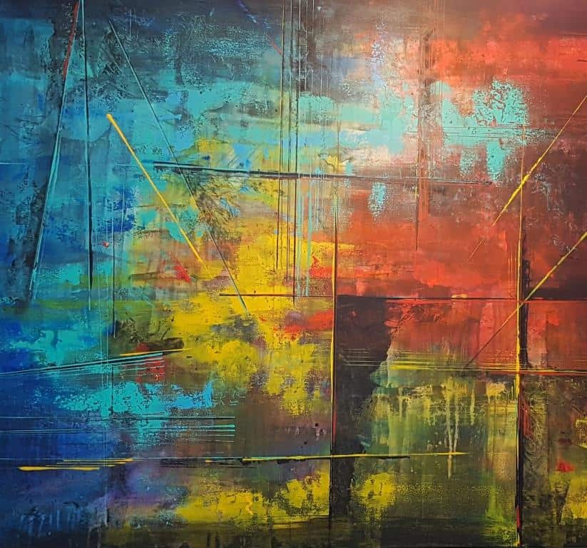abstract painting, ציור אוירה לסלון מודרני, ריבה יחזקאל ציורים, ציור באדום כחול צהוב, אבסטרקט, ציורים מופשטים, ציורי אבסטרקט