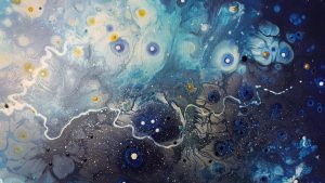 ציור גלקסייה, ציורים לסלון ריבה יחזקאל, תמונות לסלון, cosmic art, abstract painting, ציור אבסטרקט כחול ולבן, ציורי אוירה