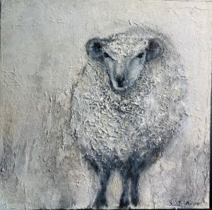 ציור כבש בצבעי לבן קרם ואפור